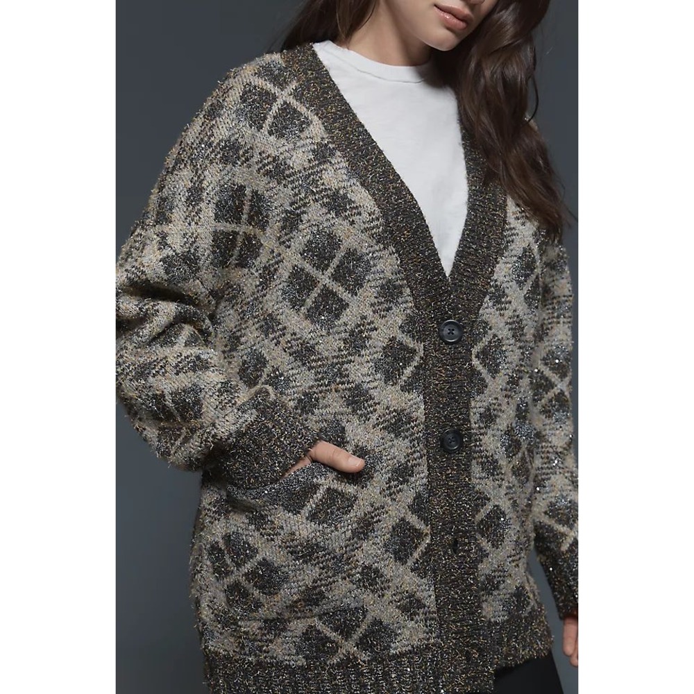 Maeve Anthropologie Sparkle V neck Argyle Cardigan Sweater Grey Gold Medium‎ NEW